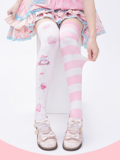 White & Pink Stripes Strawberry and Bunny Print Over Knee Stockings