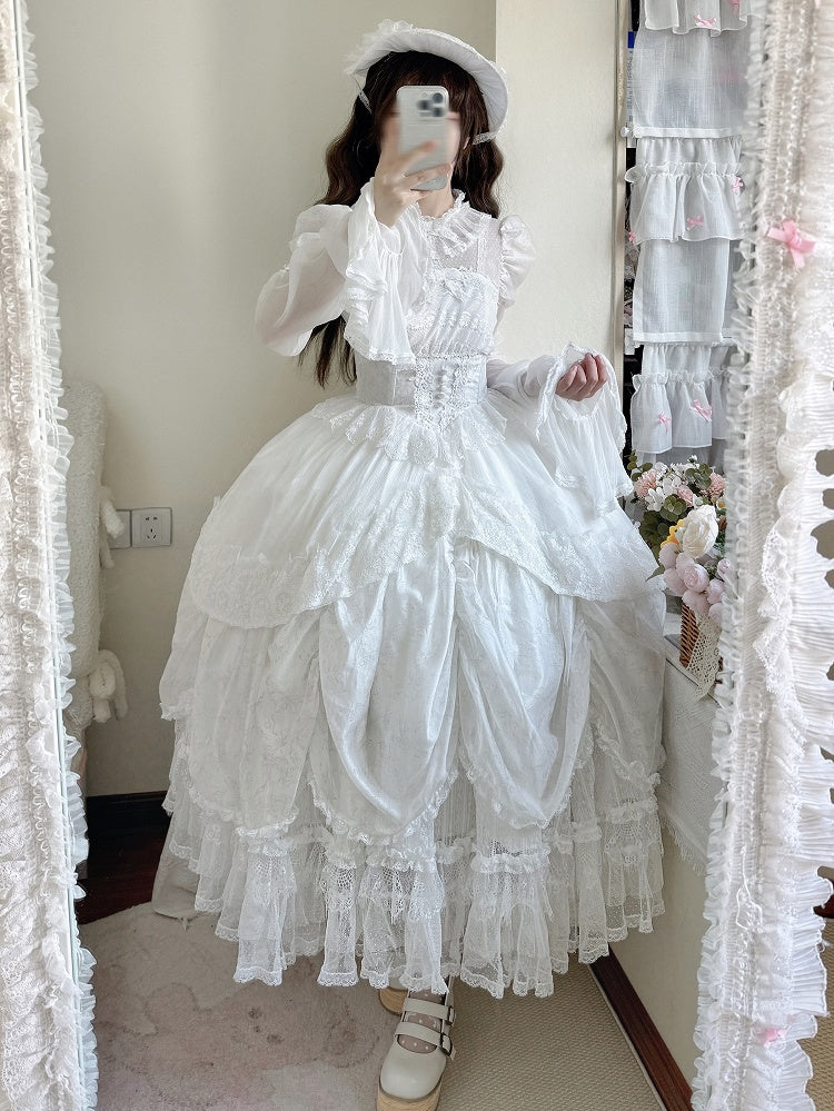 White Basque Waist Shiro Dress Drawstring Skirt Hanayome Lolita Long Sleeves One Piece