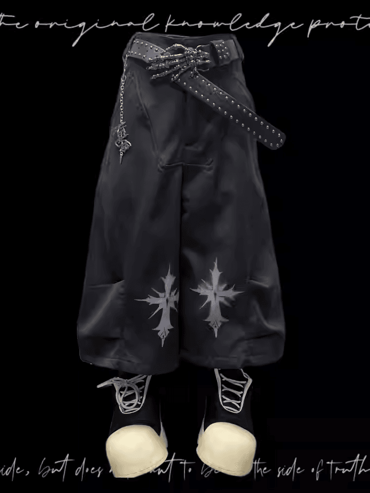 ロックY2Kワイドレッグパンツフリーチャームブラッククロスプリントパンク