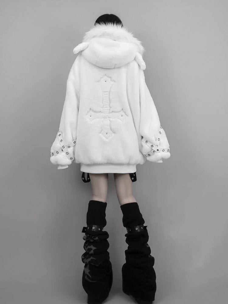 Jirai Kei White / Black Plush Lamb Ear Hooded Coat with Crossed Eyelet Straps and Back Cross Applique