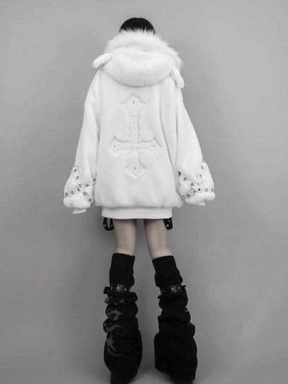 Jirai Kei White / Black Plush Lamb Ear Hooded Coat with Crossed Eyelet Straps and Back Cross Applique
