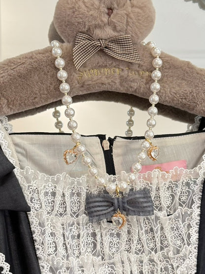 Blue/Gray Beaded Rhinestone And Necklace Heart Bowknot Pendant