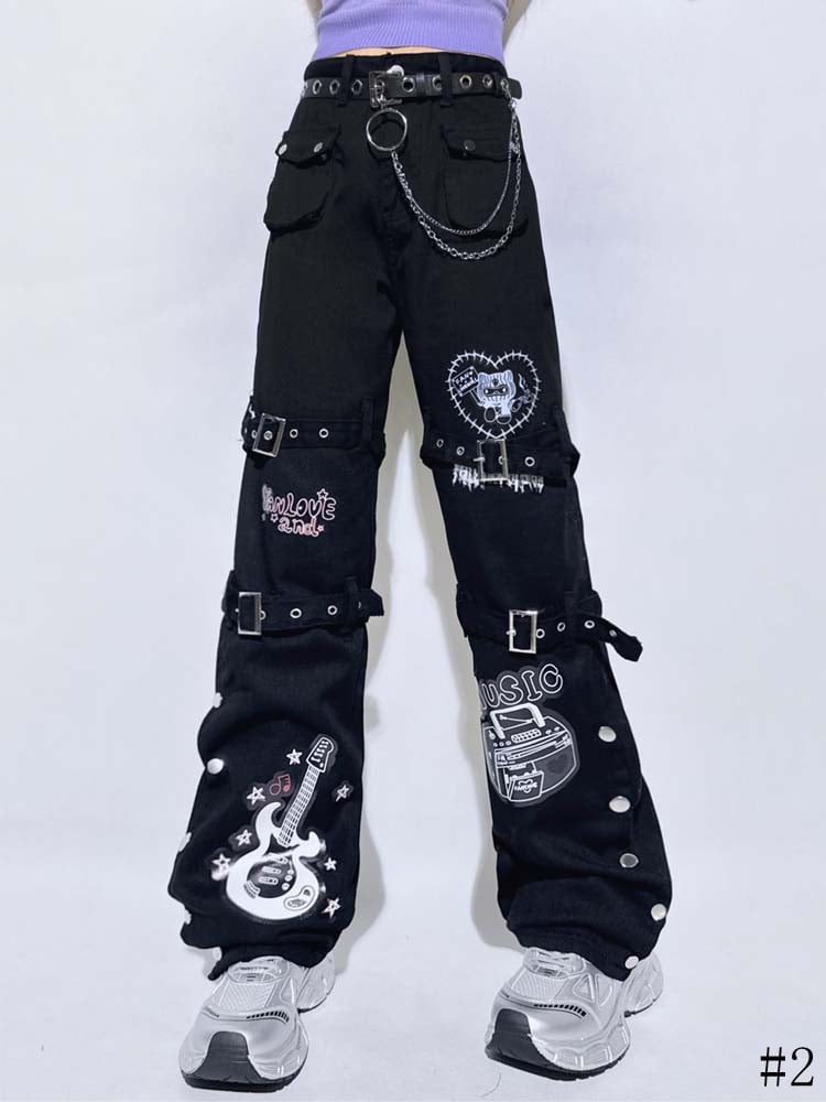 Buckle Straight-leg Punk and Black Guitar with Pants Straps Print