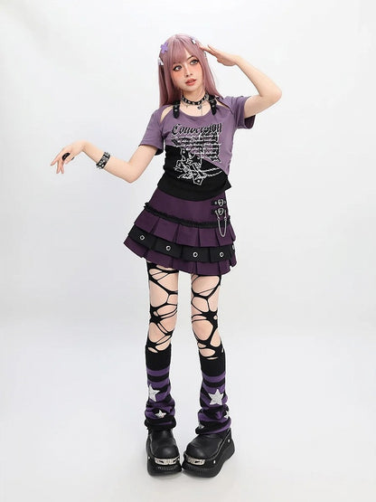 バタフライプリントTシャツ ショートカラーブロック カットアウトショルダーバージョン レッド/ピンク/パープル Y2K