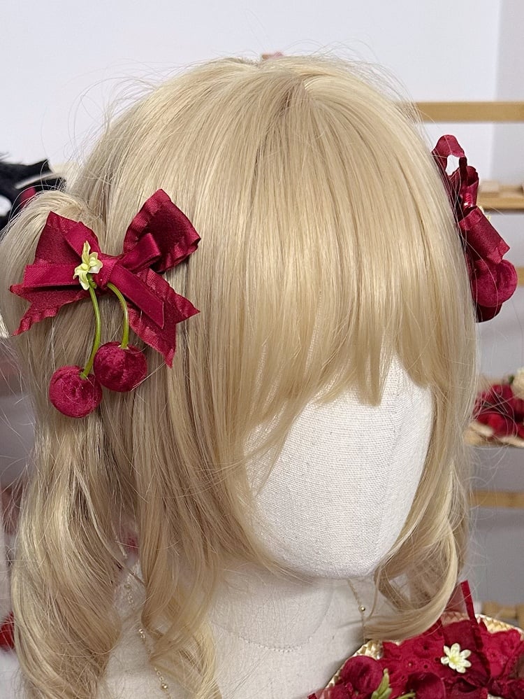 Red Wine Hairclip Sweet Cherry Velvet Bowknot Lolita