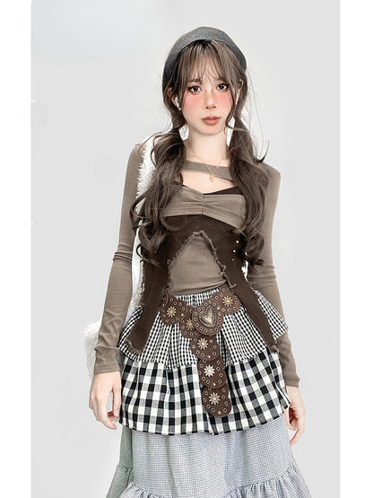 Vintage Brown V-Neck Cutout Detail Glamorous Slim-fitting Top