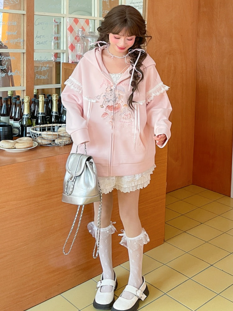Yume Kawaii Pink Bunny Ear Hood and Bunny Print Zip Closure Hoodie