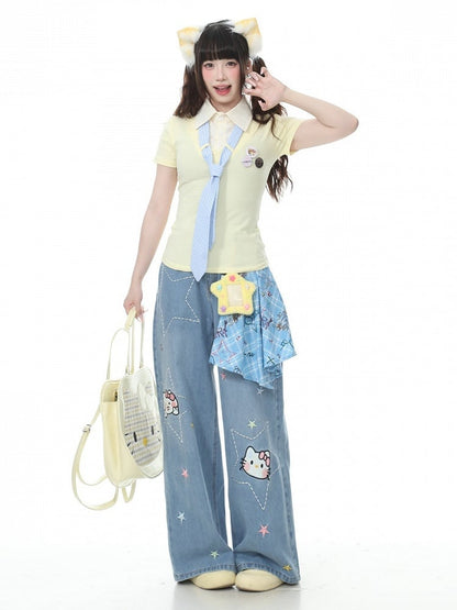 Preppy Fake Two-Piece Turn-Down Collar Short Sleeve Top in Apricot with Stripe Tie and Badges - Languid Park