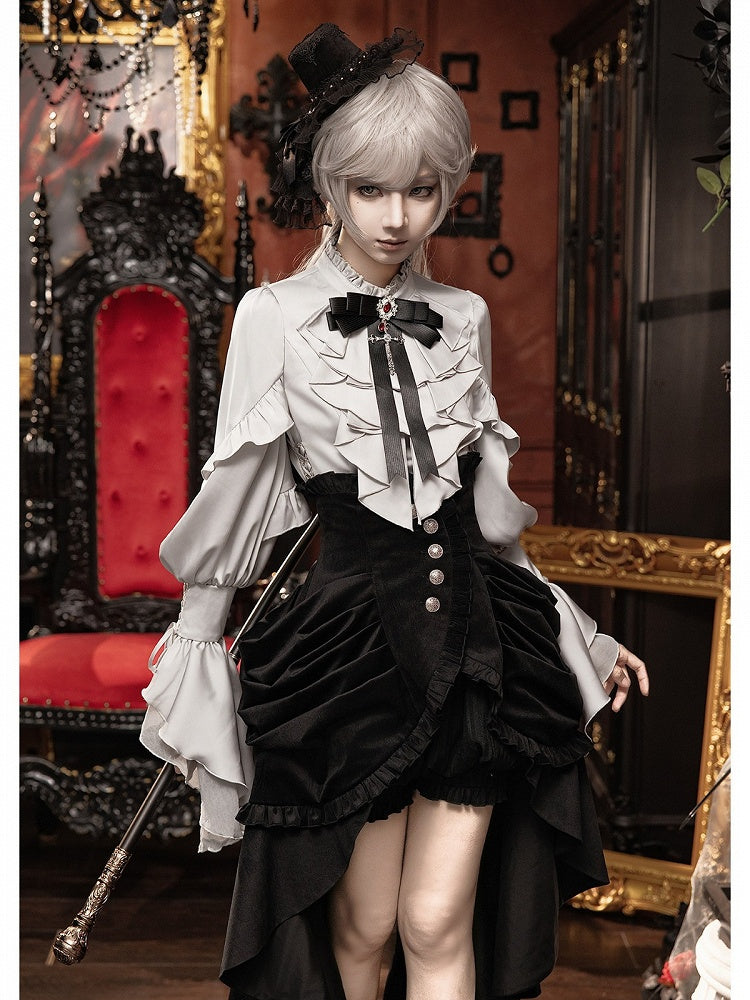 Gothic Ouji 5-Piece Ensemble: Poet Sleeve Shirt, Bloomers, Corset, Mini Hat & Bow Tie - With PUJI