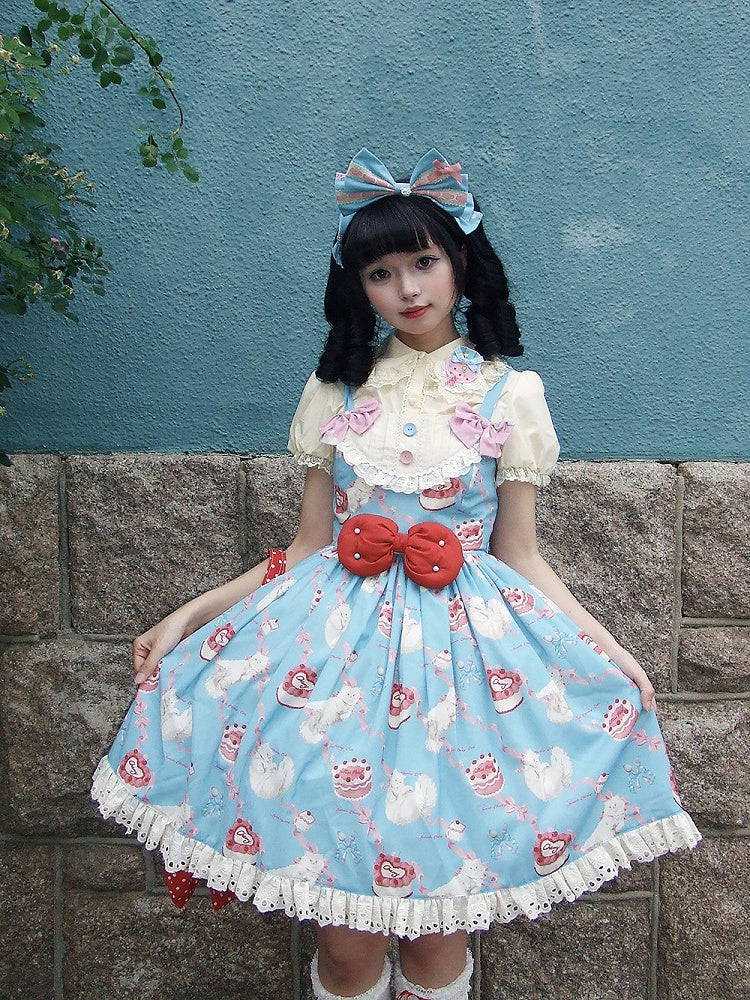 Lolita Blue Print Showa Sweet Cake Fashion Cherry und Kleid Kitty