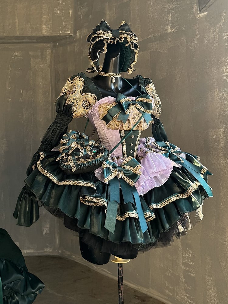 Layers Green Gold Light with Bow Accents and Purple Lace Dress Princess Trim Balletcore