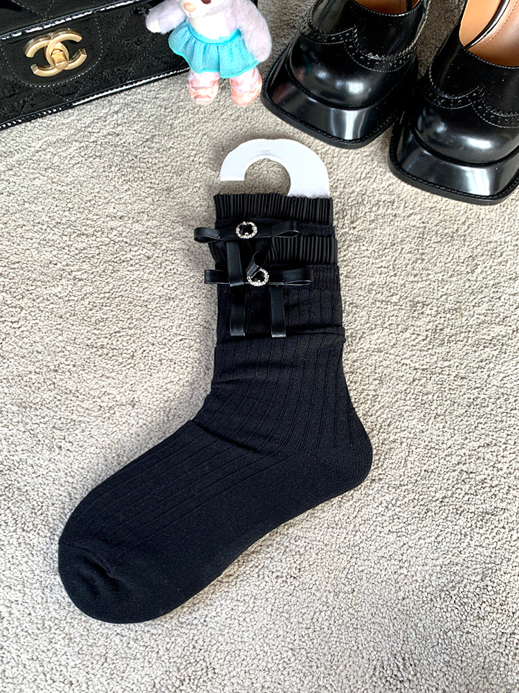 Black Bow Socks Mid-Calf / White Accent Balletcore