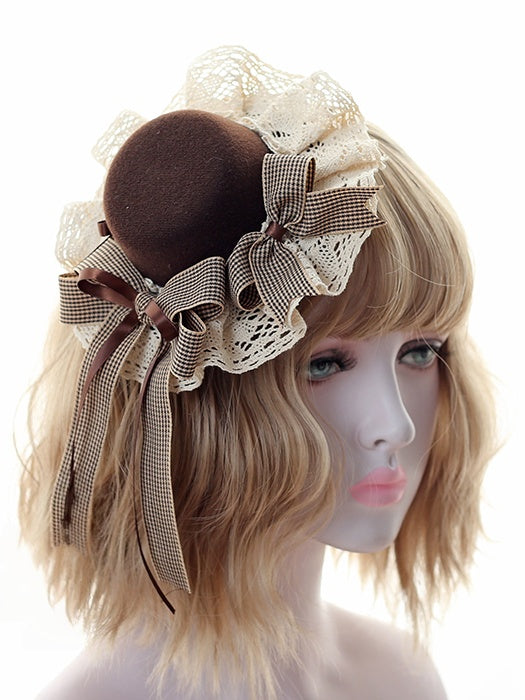 Hat Sweet Coffee-Colored Plaid Lace Lovely Bowknot With Lolita Mini