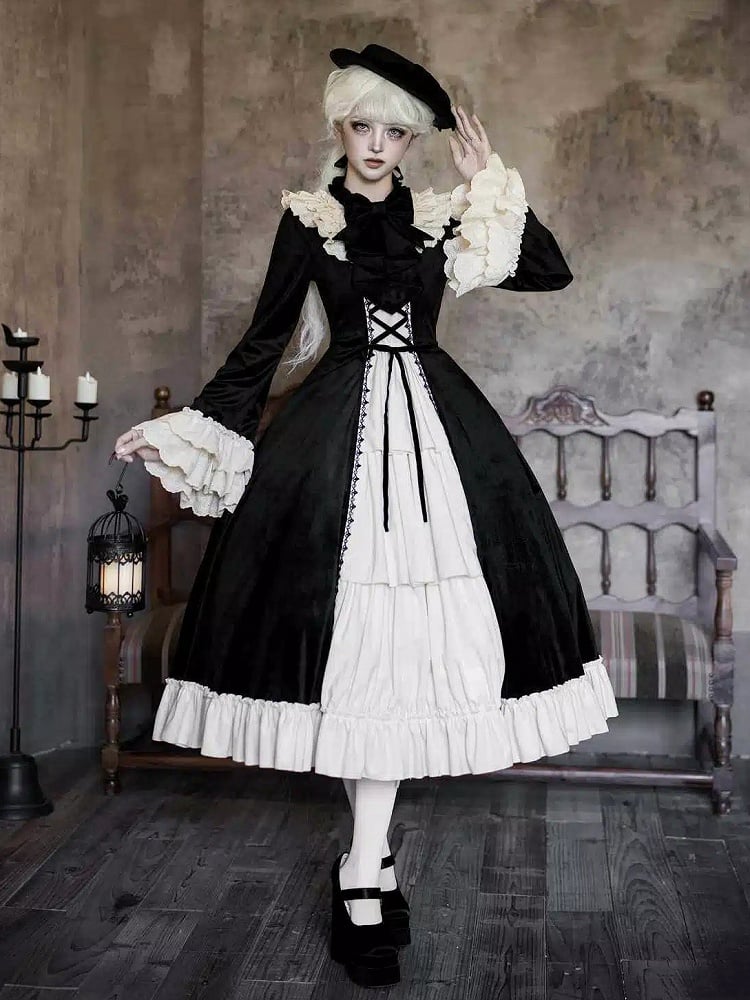 Eyelet Lolita Neckline Trims Ruffle Velvet Scalloped Black Beige Winter Dress with