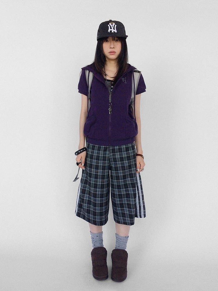 Purple Vintage Y2K Hooded Short Sleeve Jacket with Key Embroidery - innomoood