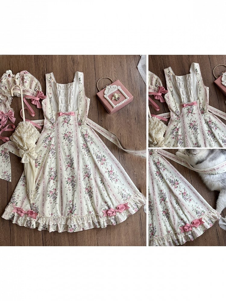 Vintage Beige Floral Print Classic JSK Dress with Back Lace-Up & Bow Accents - Miss Cube Dressworks