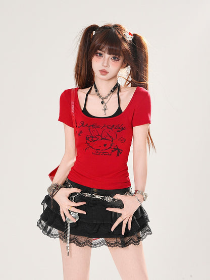 トップTシャツホルタープリントセットバニーレッド/ホワイトネックブラック