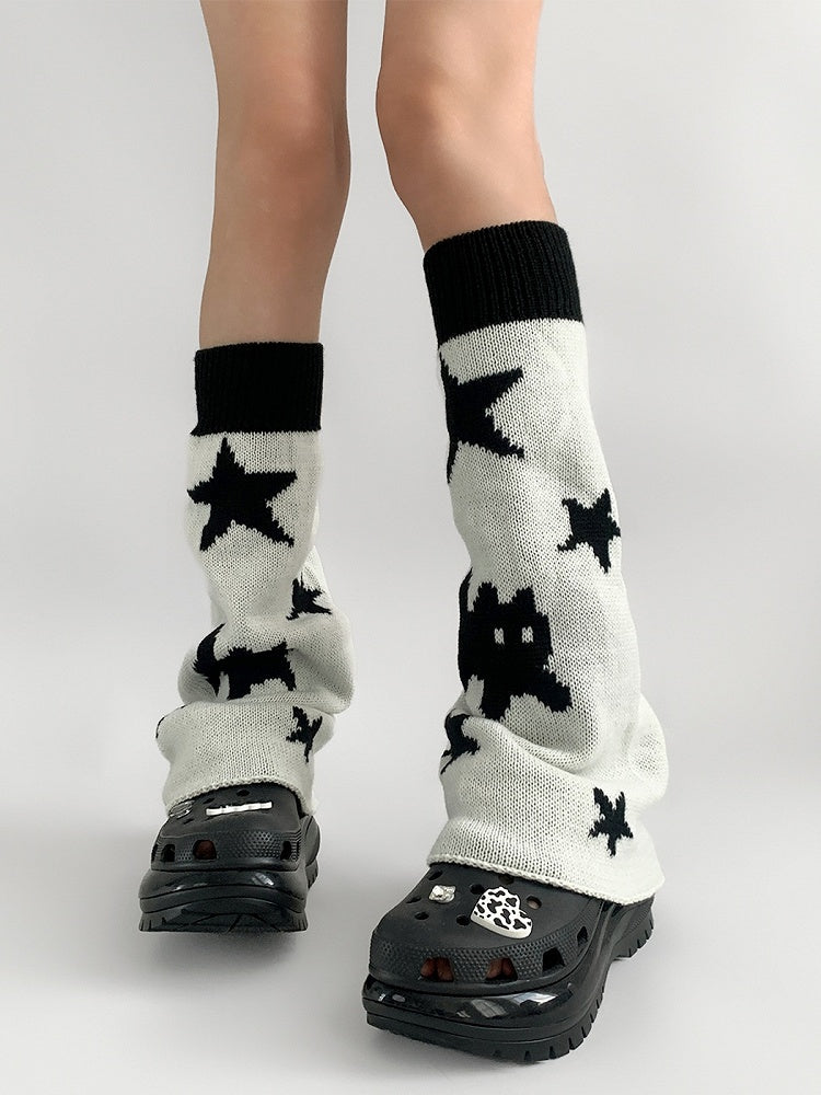 Star Knitted Kitty Cute Pattern Black/White Warmers Leg and