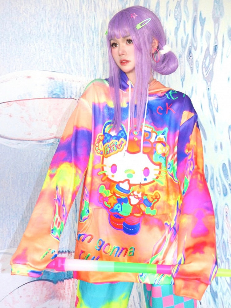 Hoodie mit Buchstaben- und Y2K-Kätzchen-Print Orange Fire