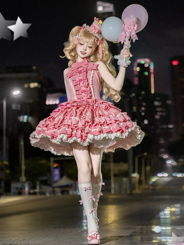 Süßes Schleifenkleid mit Rüschenakzenten, Lolita, rosa, gestufter Neckholder, Rosenhalsrock, Idol