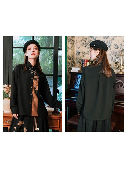 Placket Shirt Ginkgo Panel Orange Cheongsam Button-Down Black Gothic with