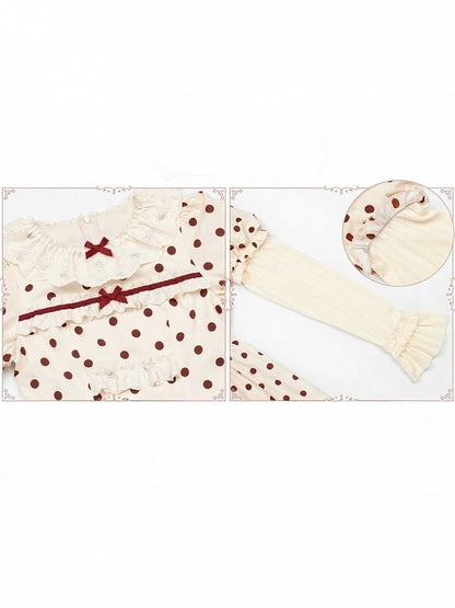 Beige and Red Dotted Puff-Sleeve Lolita OP Set with Apron and Bonnet - With PUJI