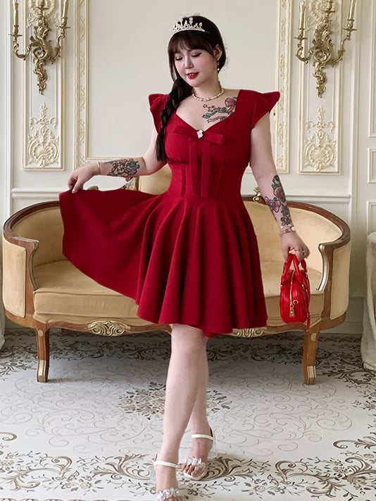 Plus Size V-Ausschnitt Kleid Flatterärmel Große Schleife Vorne Rot