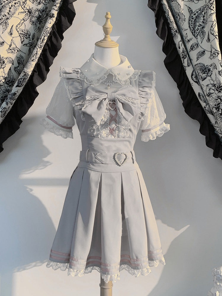 Landmine Style Gray & Pink Short Sleeve Box-Pleated Dress with Lace and Bow Details - Virtual Paradise