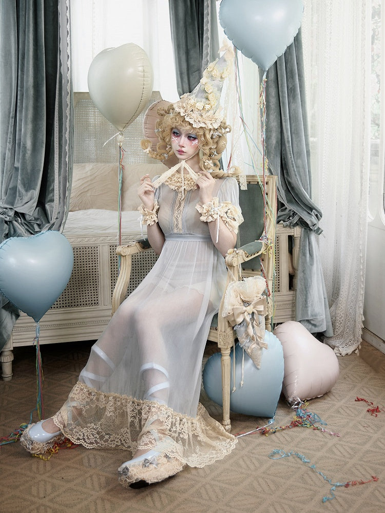 Antique-Inspired Baby Blue Sheer Tulle Dress with Apricot Lace Details - Blood Supply