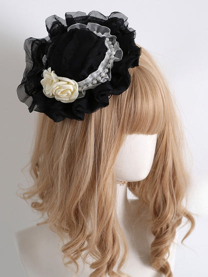 Beaded Lace Camellia Design Trim Mini Black Decorated Hat