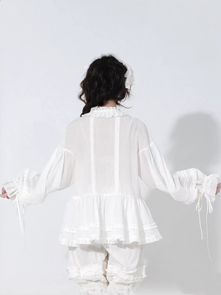 Blouse White Cuffs Long-Sleeve Lolita Loose Ruffled with Drawstring