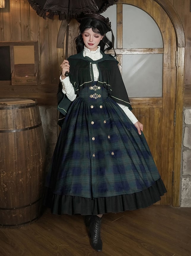 Lolita + Pattern Long Set Plaid Green Preppy Version Style - JSK