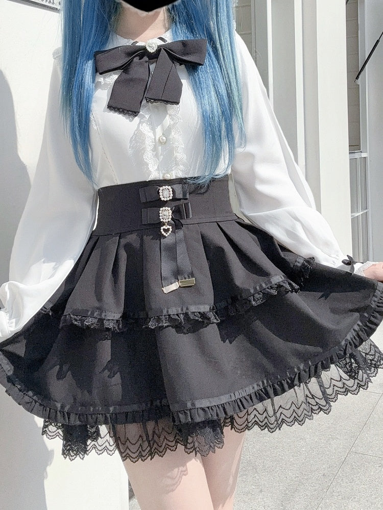 Bunny-Ear Collar Blouse White Back with Black Lace | Jirai Bow Contrast Trimmed Kei