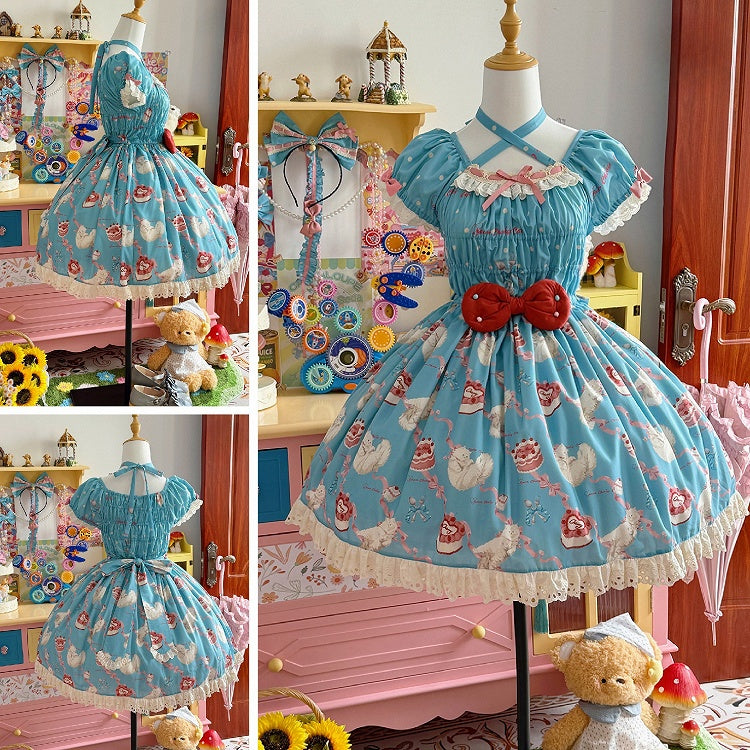Elastischer Print Kitty Smocked Blue Bows Mieder Lolita und Piece Sweet One