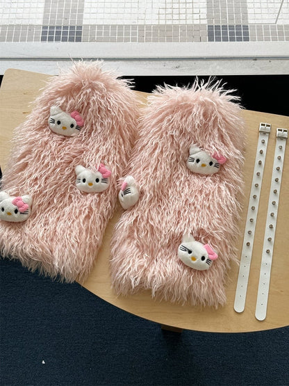 Weiß/Rosa/Kaffeebraune, zottelige Beinwärmer mit Nieten und Plüsch-Kätzchen