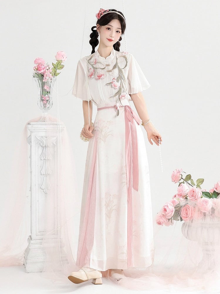 Light Pink Hanfu-Inspired Floral Print Skirt with Self-Tie Waist Design - Unknown Star