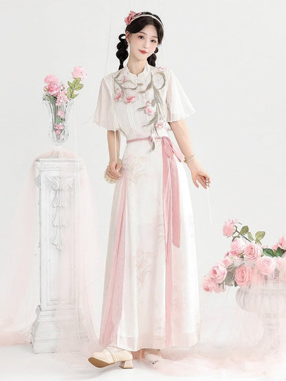 Light Pink Hanfu-Inspired Floral Print Skirt with Self-Tie Waist Design - Unknown Star