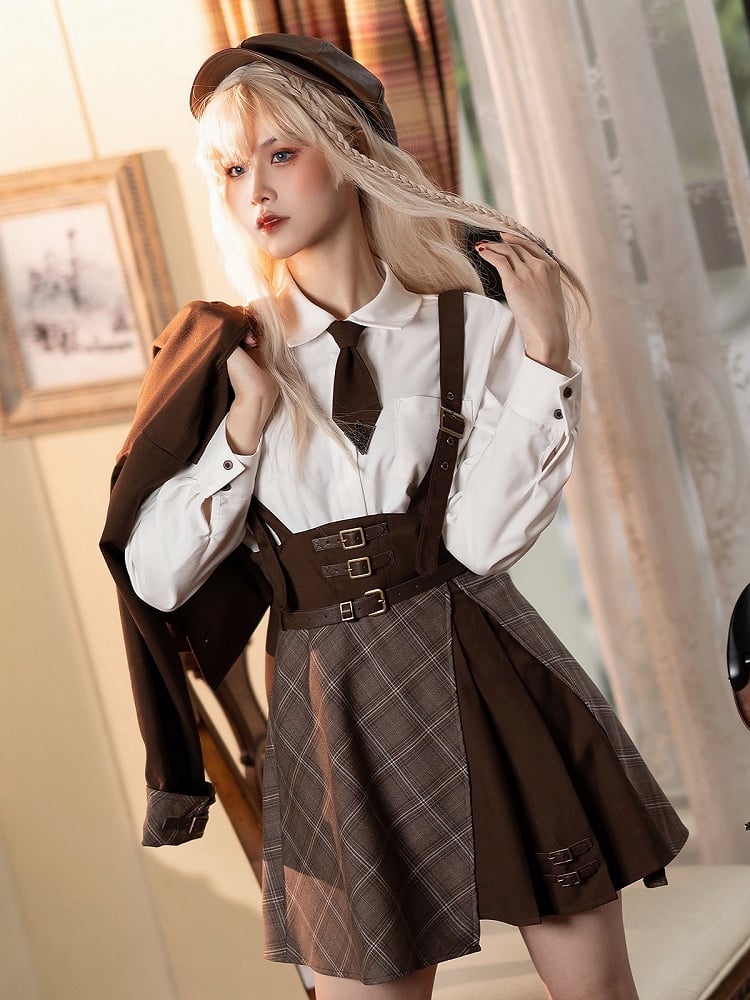 ホワイトリアクションスカート シャツ サスペンダー ブラウンオーバーオール 探偵マイラール プレッピー/チェック柄 リトル