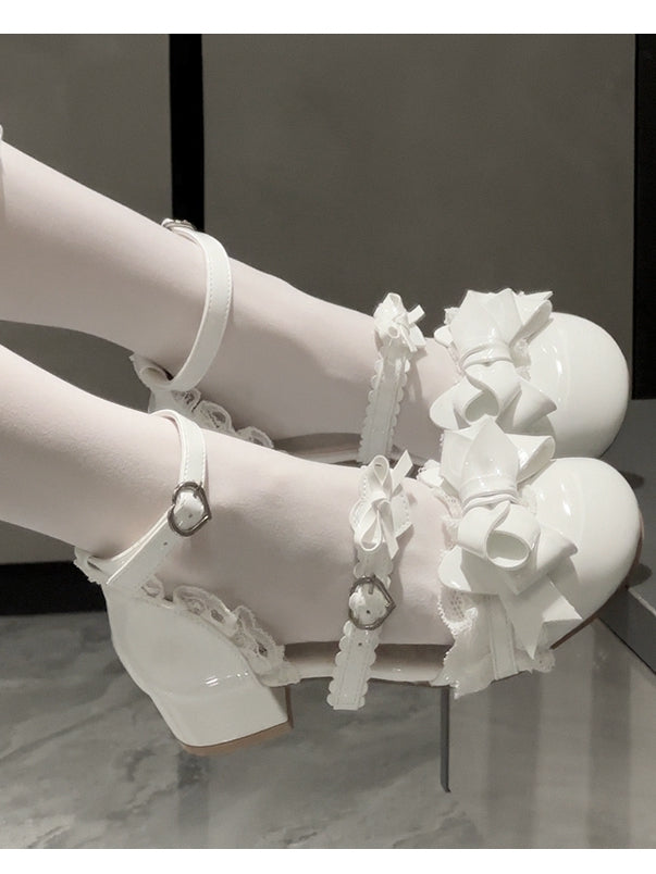 at - Sweet Toe Round Top Trim Bow White Sandals Low-heel Lolita Lace