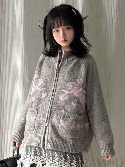 Two-way Pink Placket Zip Knit - Jacket Neck Round Grey