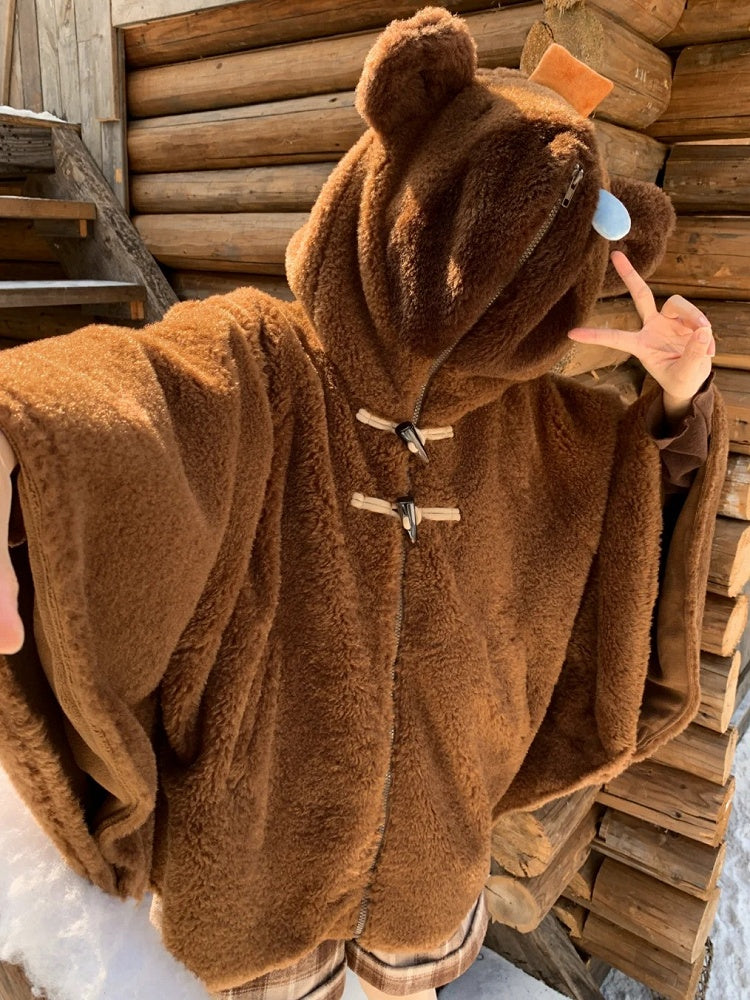 茶色のかわいいカピバラのフード付きジップ開閉フリースフード付きケープ