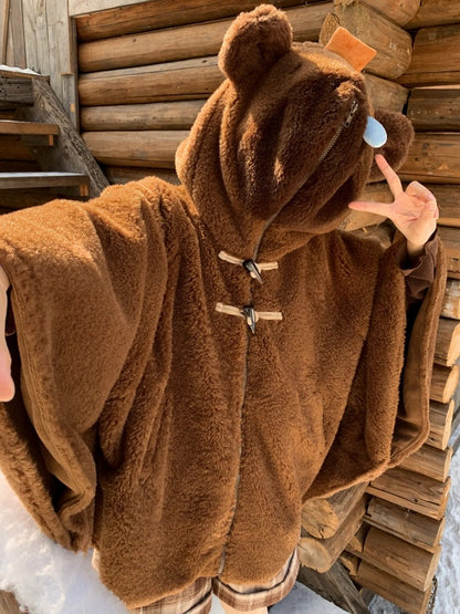 茶色のかわいいカピバラのフード付きジップ開閉フリースフード付きケープ