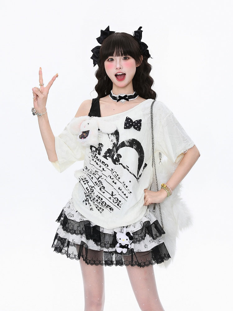 Bunny Plush One-Shoulder Accent Black/Apricot Tee Distresseded Asymmetrical with