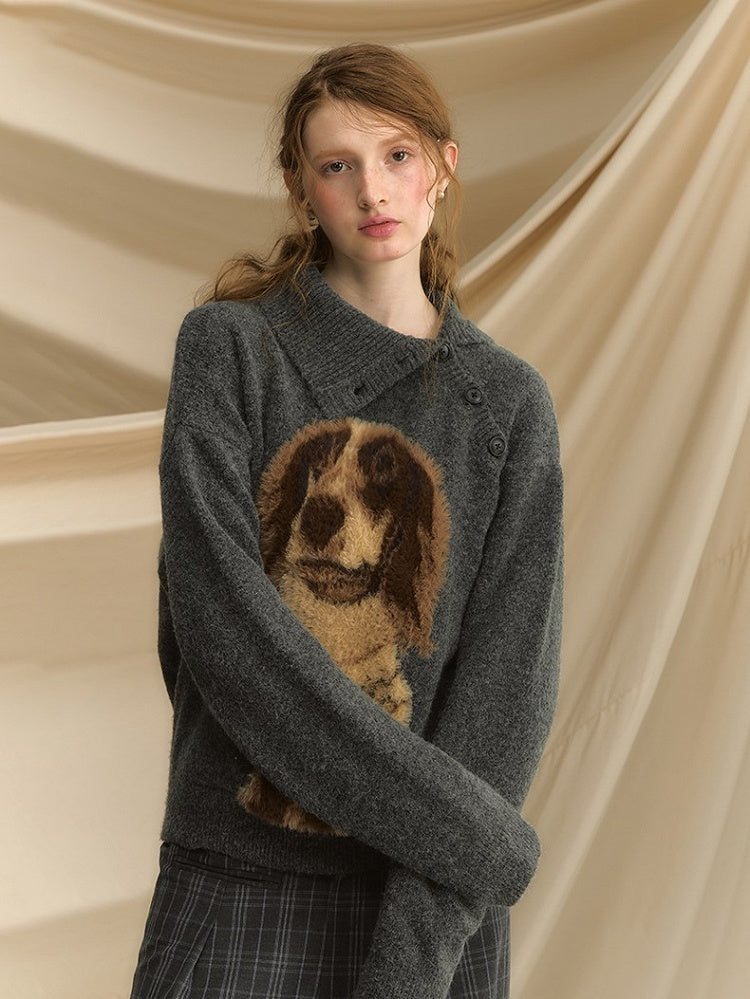Vintage-Inspired Asymmetrical Neckline Sweater with Plush Sausage Dog Design Apricot/Dark Gray