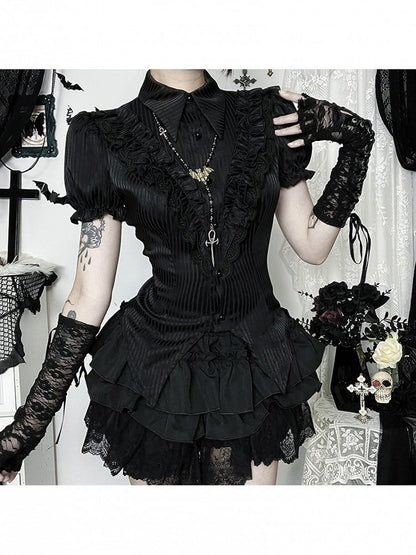 Waist Skirt Gothic Trim Puff Tiered Halloween Built-in Elastic Shorts Lace with Black