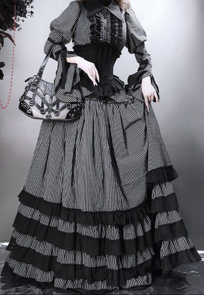 gestreiftes Hemd dunkel + Rock Zwickel-Ärmel Korsett Reservierungen