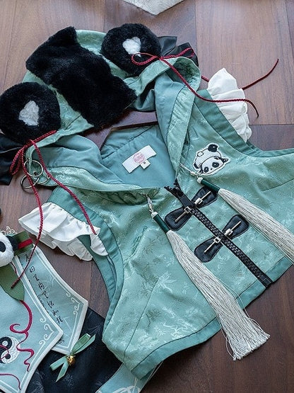 Ear with Panda-Embroidered Mint Hooded Cropped Vest and Accents Green Tassels Plush