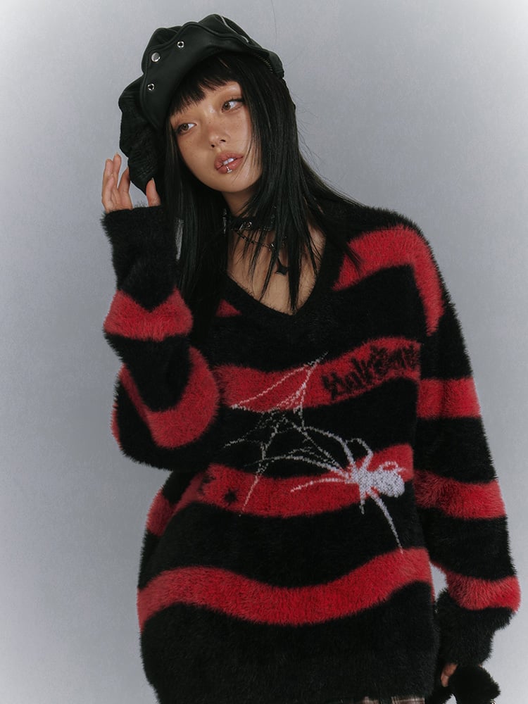 Black Punk Sweater Spider Red V-neck and Striped