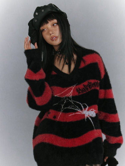 Black Punk Sweater Spider Red V-neck and Striped
