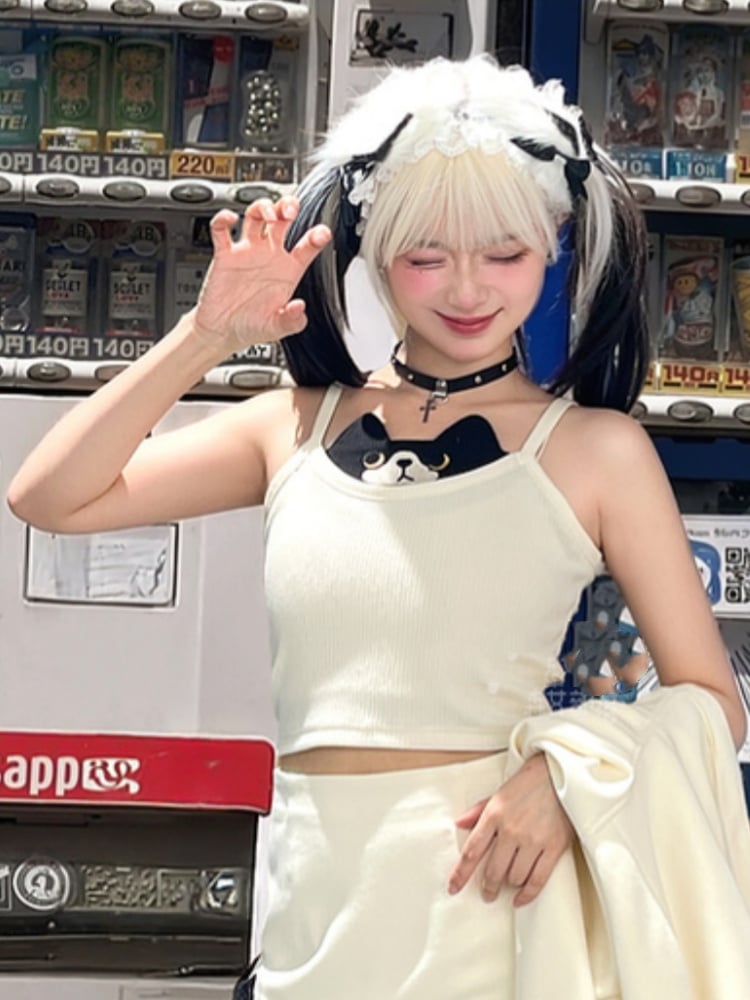 Schwarzes Kitty Design – Glamouröses, kurzes Cami-Top in Weiß